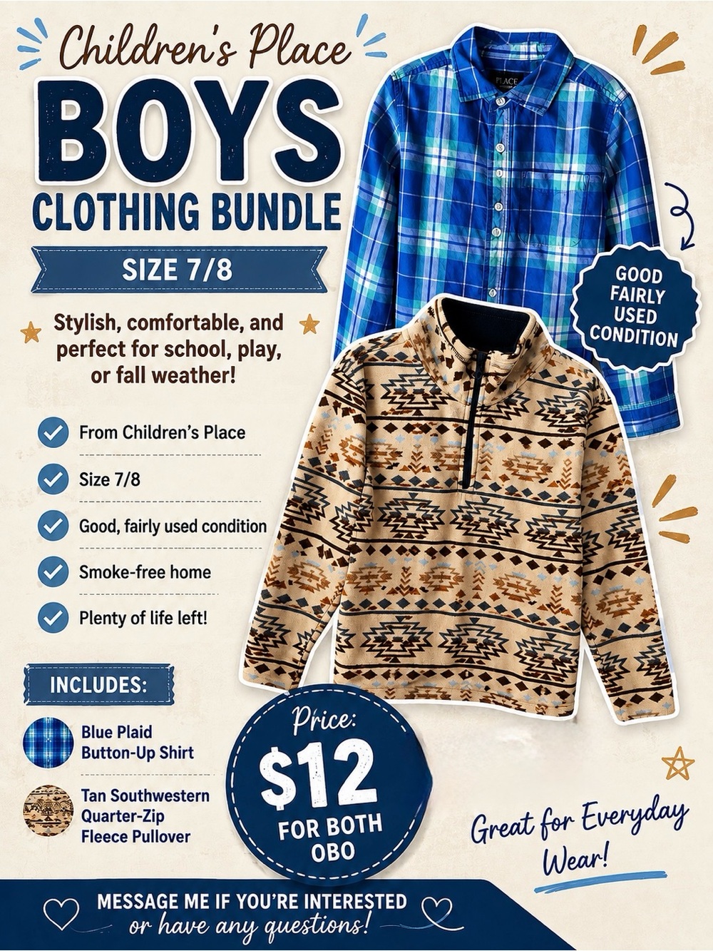 Children’s place blue plaid button up shirt and tan fleece pullover